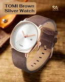 TOMI Classic Brown Silver Leather Strap Watch