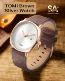 TOMI Classic Brown Silver Leather Strap Watch