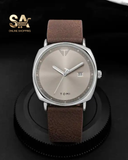 TOMI Classic Brown Silver Leather Strap Watch