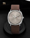 TOMI Classic Brown Silver Leather Strap Watch